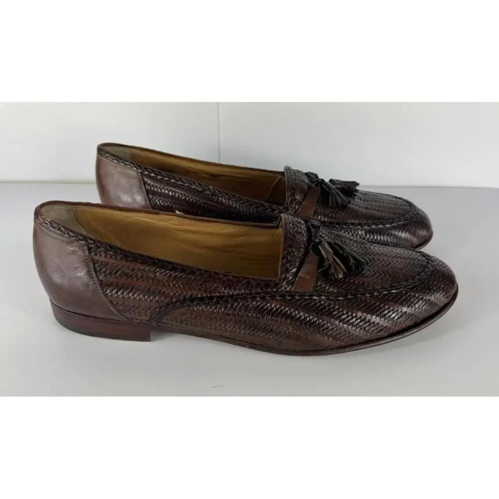 Vintage Bally Woven Leather Lisbon Italy Dress Shoes Men US 12 M Brown Loafers